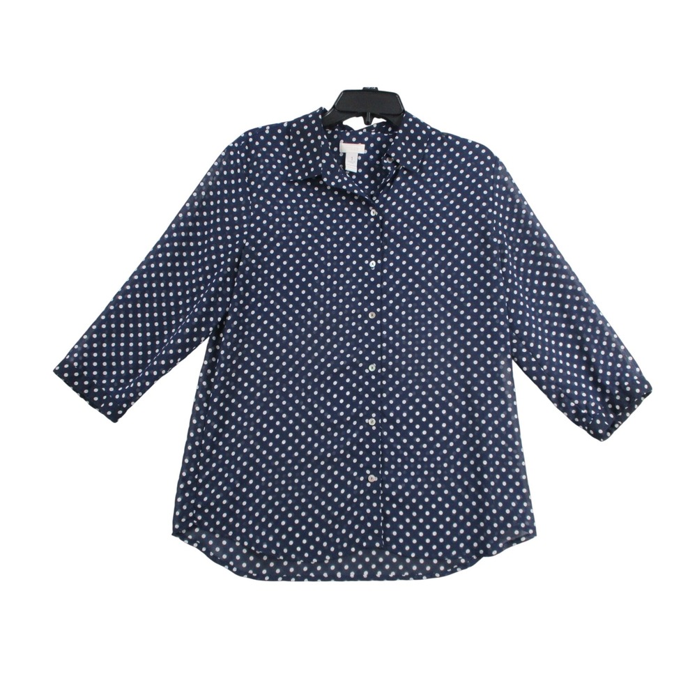 Chicos Womens Navy Blue White Polka Dot Button Down Blouse Size 1 3/4 Sleeve